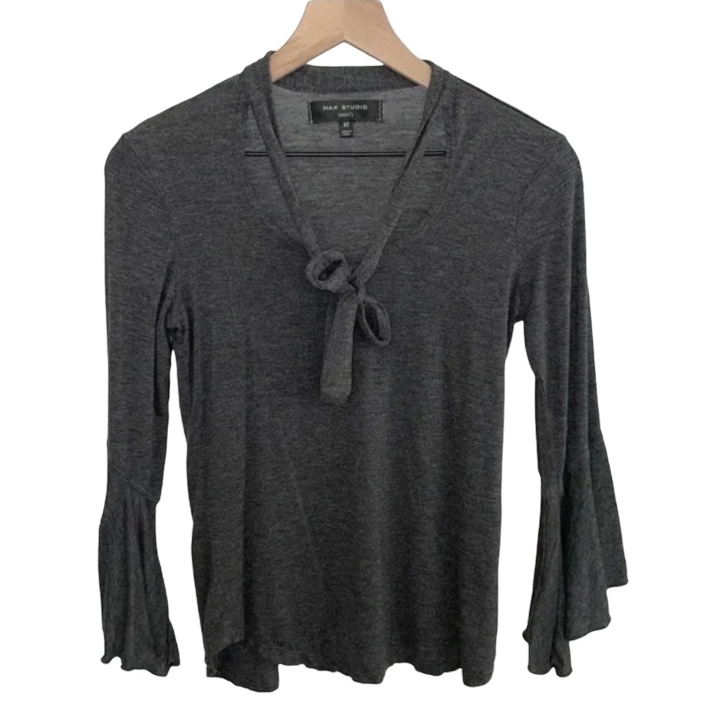 Max Studio Bell Sleeve Top Charcoal Gray Stretchy Lightweight XS